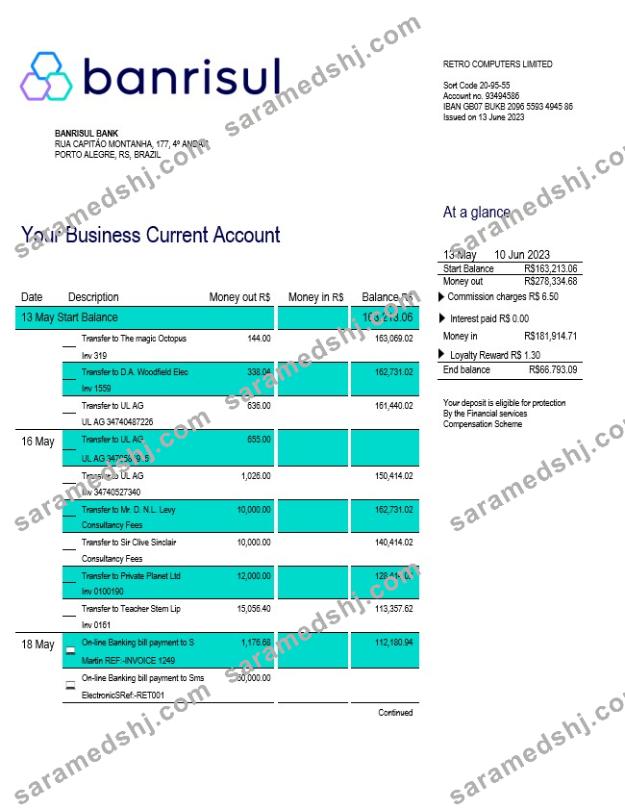 Banrisul Bank Business statement Word and PDF template
